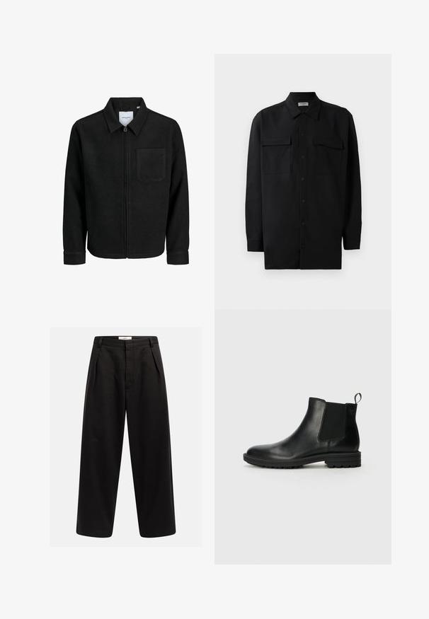 Zwarte zip-up jas met kraag en enkele borstzak, weergegeven op een witte achtergrond.; Zwarte button-up shirt gemaakt van gladde stof, met een klassieke kraag, twee voorzakken en lange mouwen met knopenmanchetten.; Zwarte wijde broek met voorplooien, riemlussen en een verborgen sluiting, gelabeld "Rebel" op de tailleband.; Jack & Jones JFWHOSKINS - Korte laarzen - anthracite