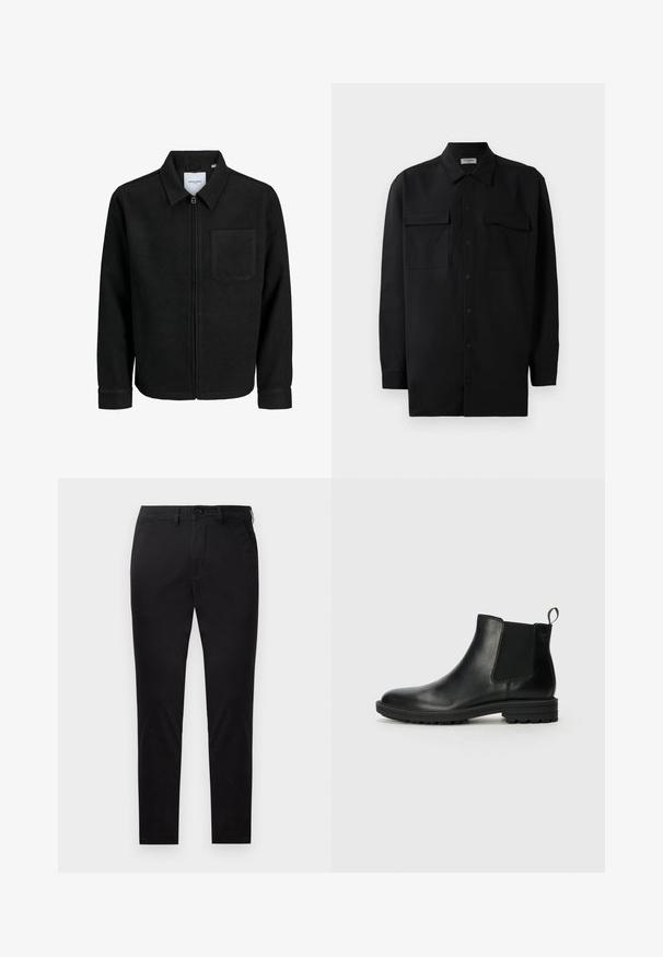 Svart zip-jacka med krage och en enda bröstficka, visad på vit bakgrund.; Svart knappened skjorta i slät tyg, med klassisk krage, två frampockets samt långa ärmar med knäppning vid handlederna.; Svarta chinos av ett slätt tyg med rak passform. Har en framknäppning och sidofickor med en ren, minimalistisk design.; Jack & Jones JFWHOSKINS - Stövletter - anthracite