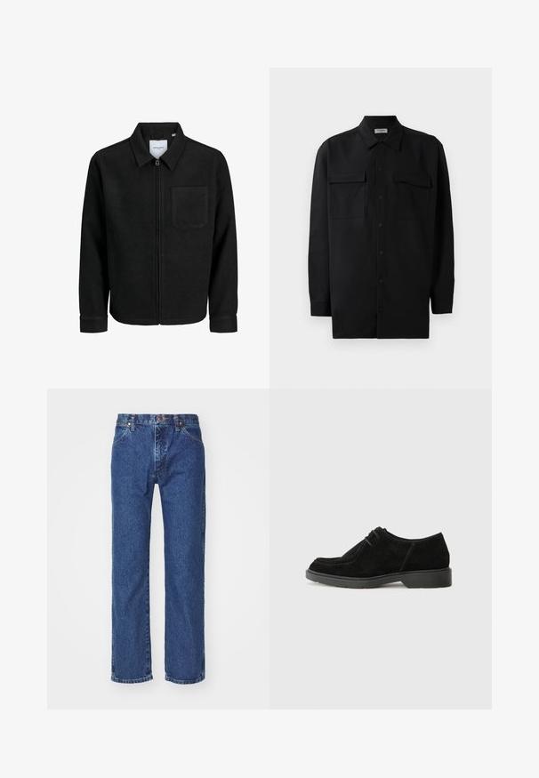 Musta vetoketjullinen takki, jossa on kaulus ja yksi rintatasku, esitelty valkoista taustaa vasten.; Musta napillinen paita, joka on valmistettu sileästä kankaasta. Paita sisältää klassisen kaulan, kaksi etutaskua ja pitkät hihat, joissa on nappivarat.; Suorat siniset farkut, joissa on etunappi, vetoketju, vyölenkit ja viisi-taskumalli, valkoista taustaa vasten.; Musta mokkanahkakengät pyöreällä varvalla, kontrastivärillä ommeltuna ja kumipohjalla. Ominaisuuksiin kuuluu vähäinen nauhoitus ja sileä yläosa.