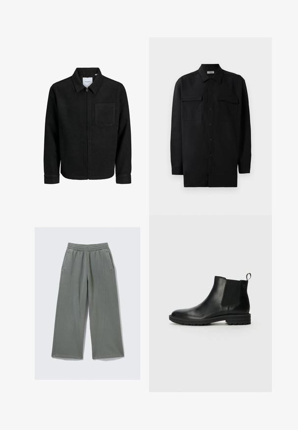 Čierna zipsová bunda s golierom a jednou náprsníkou, vystavená na bielom pozadí.; Čierna košeľa na gombíky vyrobená z hladkej tkaniny, so klasickým golierom, dvoma prednými vreckami a dlhými rukávmi s gombíkovými manžetami.; Svetlošedé nohavice so širokými nohavicami vyrobené z mäkkého materiálu, s elastickým pásom a dvoma bočnými vreckami, s viditeľnými švovými detailmi.; Jack & Jones JFWHOSKINS - Klasické členkové čižmy - anthracite