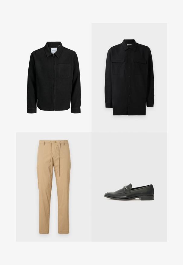 Fekete, zipzáros dzseki gallérral és egyetlen mellzsebbel, fehér háttéren.; Fekete gombos ing, sima anyagból készült, klasszikus gallérral, két elülső zsebbel és hosszú ujjakkal, amelyek gombos mandzsettával záródnak.; Világos bézs pamut nadrág, húzózsinóros derekkal, keskeny fazonnal, standard zsebekkel és gombos záródással elöl. Simább textúra.; Fekete bőr loaferek sima felülettel, varrott mintával és díszítő fém lánccal a cipő elején. Lapos sarok.