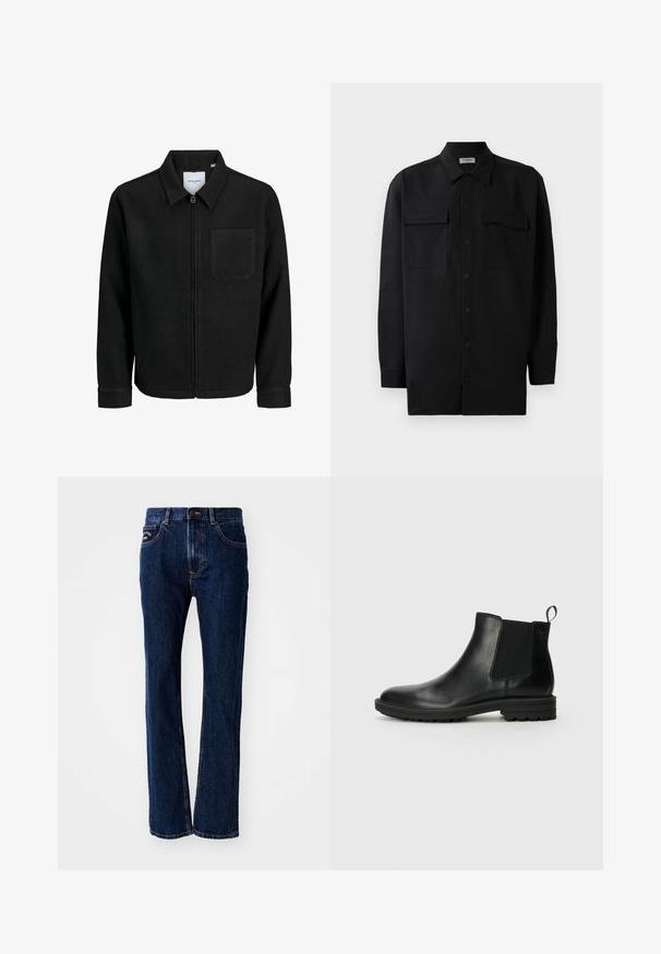 Melna jaka ar rāvējslēdzēju un apkakli, vienu krūšu kabatu, parādīta uz baltas fona.; Melnā pogu krekla, kas izgatavota no gludas auduma, ar klasisku apkakli, divām priekšējām kabatām un garām piedurknēm ar pogu aprocēm.; Tumši zili džinsi ar taisnu kāju dizainu, kas izceļas ar divām priekšējām kabatām un pogu aizdari. Discreti izšuvumi.; Jack & Jones JFWHOSKINS - Klasiski puszābaki - anthracite
