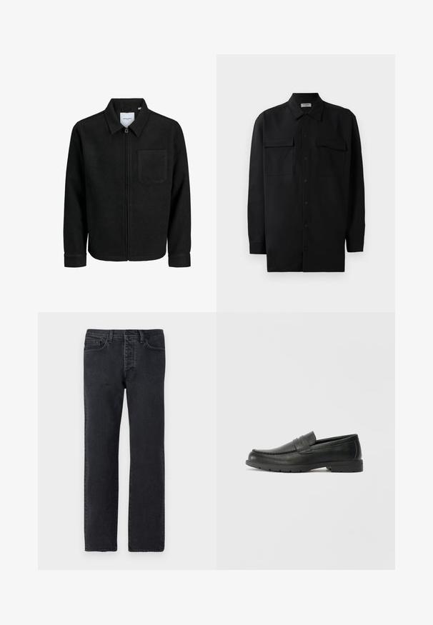 Črna jakna z zadrgo in ovratnikom ter enim žepom na prsih, prikazana na beli podlagi.; Črn srajčni zgornji del iz gladkega materiala, s klasičnim ovratnikom, dvema sprednjima žepoma in dolgimi rokavi z gumbi na manšetah.; Črne denim hlače s ravnim krojem, petimi žepi, zankami za pas in minimalnimi šiviljskimi detajli. Narejene iz mehke, teksturirane bombažne tkanine.; Črne usnjene loafer čevlje z gladko površino, zgornjim delom v slogu mokasin, šivanimi detajli in gumijastim podplatom. Klasična zasnova z nizko peto.
