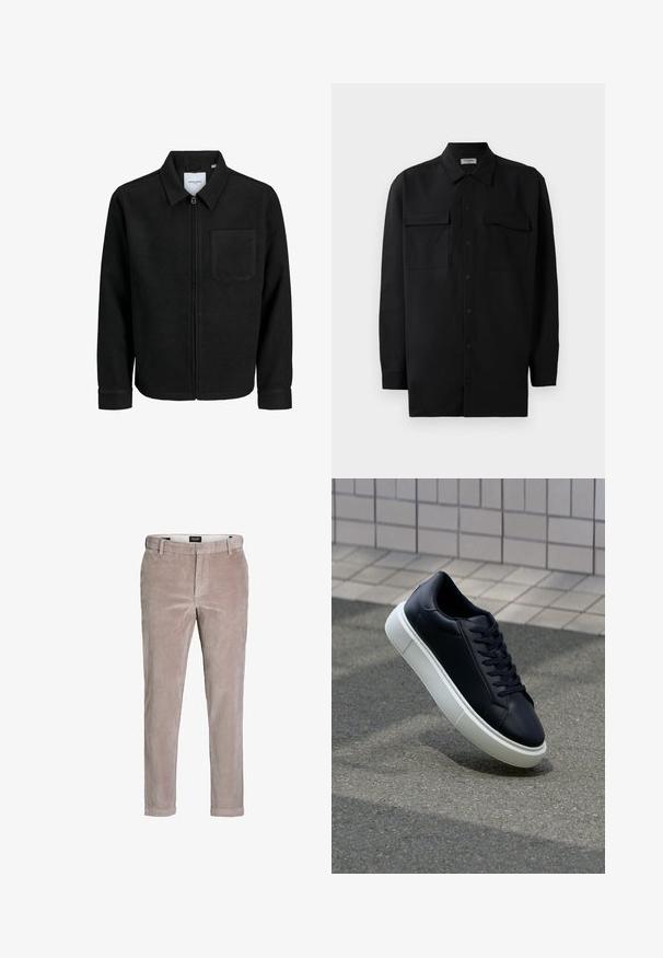 Schwarze Zip-Jacke mit Kragen und einer einzelnen Brusttasche, auf weißem Hintergrund präsentiert.; Schwarzes Hemd mit Knopfleiste aus glattem Stoff, das einen klassischen Kragen, zwei Brusttaschen und lange Ärmel mit Knopfmanschetten aufweist.; Hellbraune, schlank geschnittene Cordhosen mit Knopfverschluss und Gürtelschlaufen, geeignet für legere oder halb-formelle Anlässe.; Schwarze Leder-Sneaker mit runder Zehenpartie und weißer Gummisohle. Verfügt über flache Schnürsenkel und minimale Nähte im Obermaterial. Strukturiertes Sohlenprofil für besseren Halt.