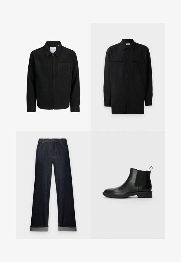 Schwarze Zip-Jacke mit Kragen und einer einzelnen Brusttasche, auf weißem Hintergrund präsentiert.; Schwarzes Hemd mit Knopfleiste aus glattem Stoff, das einen klassischen Kragen, zwei Brusttaschen und lange Ärmel mit Knopfmanschetten aufweist.; Weite Jeans aus dunkelblauem Denim mit umgeschlagenem Saum, Knopfverschluss und Fronttaschen. Der Stoff hat eine glatte Textur mit subtilen Stichdetails.; Jack & Jones JFWHOSKINS - Stiefelette - anthracite