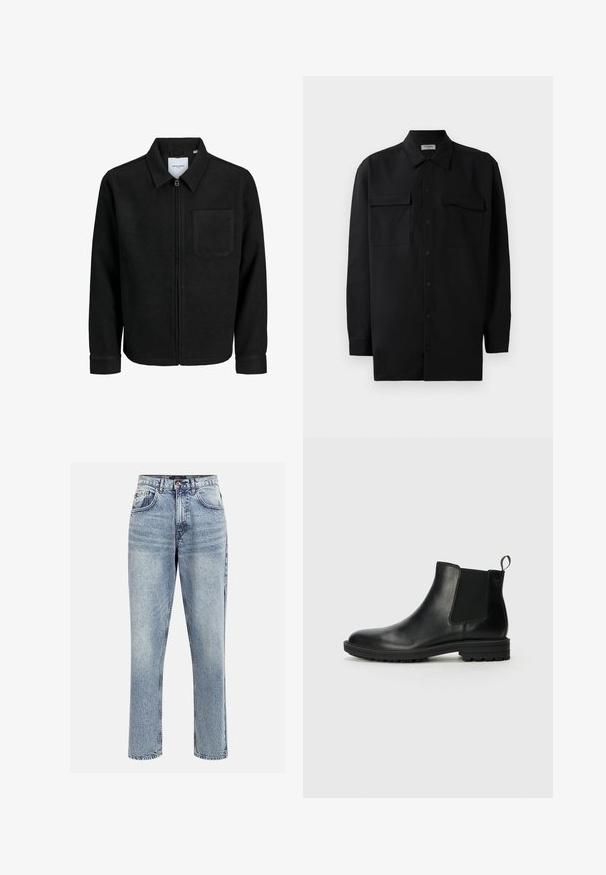 Fekete, zipzáros dzseki gallérral és egyetlen mellzsebbel, fehér háttéren.; Fekete gombos ing, sima anyagból készült, klasszikus gallérral, két elülső zsebbel és hosszú ujjakkal, amelyek gombos mandzsettával záródnak.; Világoskék farmer magas derekú nadrág, egyenes szabással, öt zsebbel és gombos záródással. Finom elhalványodás és varrási részletek jellemzik.; Jack & Jones JFWHOSKINS - Klasszikus bokacsizmák - anthracite