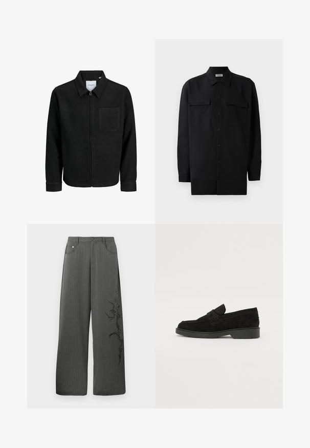 Mustaga lukuga jakker, millel on krae ja üks rinna-tasku, esitatud valgel taustal.; Mustmust värvi nööpidega särk, mis on valmistatud sujuvast kangast, klassikalise kraega, kahe eesmise tasku ja pikkade varrukatega, millel on nööpidega mansetid.; Laialõhikuga, tumesinistes triibulistes pükstes on ees taskud ja must dekoratiivprint vasakul küljel.; Mustad sametist loafers madala kontsaga, millel on lihtne riba ülaservas ja tekstuuritud detailid külgedel.