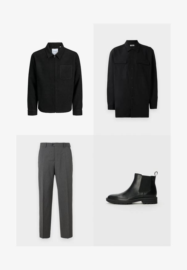 Mustaga lukuga jakker, millel on krae ja üks rinna-tasku, esitatud valgel taustal.; Mustmust värvi nööpidega särk, mis on valmistatud sujuvast kangast, klassikalise kraega, kahe eesmise tasku ja pikkade varrukatega, millel on nööpidega mansetid.; Söepruun meeste ülikondipüksid õrnade triipudega, nööbiga kinnitamine, vööloopide ja sirge lõikega, valge tausta ees.; Jack & Jones JFWHOSKINS - Klassikalised poolsaapad - anthracite