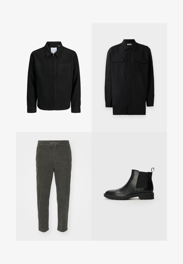 Schwarze Zip-Jacke mit Kragen und einer einzelnen Brusttasche, auf weißem Hintergrund präsentiert.; Schwarzes Hemd mit Knopfleiste aus glattem Stoff, das einen klassischen Kragen, zwei Brusttaschen und lange Ärmel mit Knopfmanschetten aufweist.; Dunkelgrüne Cordhosen mit elastischem Bund und Kordelzug sowie schmal zulaufenden Beinen. Strukturierte Oberfläche mit vertikalen Rillungen.; Jack & Jones JFWHOSKINS - Stiefelette - anthracite