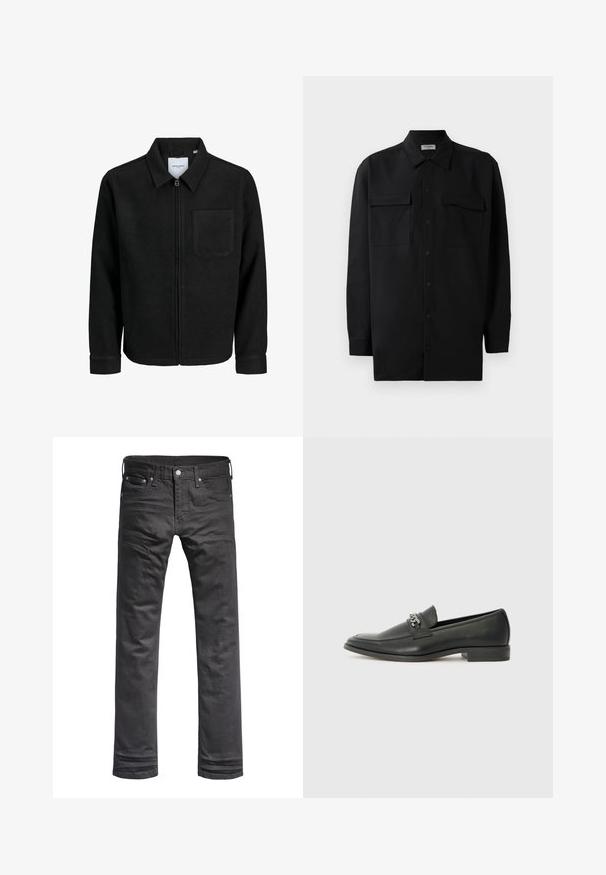 Crna jakna na zip s ovratnikom i jednim džepom na prsima, prikazana na bijeloj pozadini.; Crna košulja s dugim rukavima od glatkog materijala, s klasičnom kragnom, dva prednja džepa i dugmadima na manžetama.; Crne traperice od trapera s klasičnim ravnim krojem. Sadrže prednje džepove, kopčanje na gumbe i suptilne detalje šivanja.; Crna kožna loafer cipela s glatkom finišem, s ušivenim uzorkom i dekorativnim metalnim lancem preko prednjeg dijela. Ravni potplat.