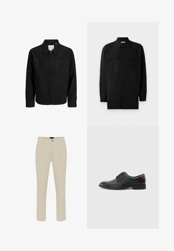 Fekete, zipzáros dzseki gallérral és egyetlen mellzsebbel, fehér háttéren.; Fekete gombos ing, sima anyagból készült, klasszikus gallérral, két elülső zsebbel és hosszú ujjakkal, amelyek gombos mandzsettával záródnak.; Beige, szabott nadrág sima felülettel, gombos záródással, elülső redőkkel és szűkülő szárakkal.; Férfi fűzős cipők fekete bőrből, lekerekített orral, barna bőrből készült díszítéssel a saroknál és alacsony fekete gumitalppal.