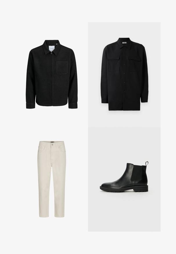 Giacca nera con zip, colletto e una tasca sul petto, mostrata su sfondo bianco.; Camicia nera con bottoni realizzata in tessuto morbido, dotata di colletto classico, due tasche frontali e maniche lunghe con polsini a bottone.; Jeans beige a gamba dritta con bottone frontale, passanti per cintura e design a cinque tasche, esposti su uno sfondo bianco.; Jack & Jones JFWHOSKINS - Stivaletti - anthracite