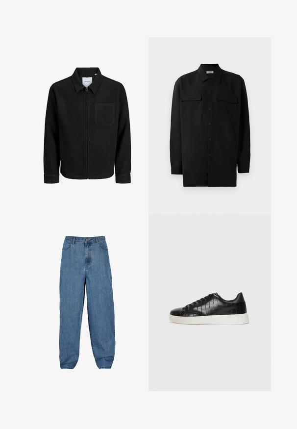 Črna jakna z zadrgo in ovratnikom ter enim žepom na prsih, prikazana na beli podlagi.; Črn srajčni zgornji del iz gladkega materiala, s klasičnim ovratnikom, dvema sprednjima žepoma in dolgimi rokavi z gumbi na manšetah.; Svetlo modri kavbojke z visokim pasom, širok kroj, pet žepov in zaponka ter zadrga.; Črne športne copate z zgornjim delom iz teksturirane usnjene tkanine s kroko, zaobljenim nosom in kontrastnim belim gumijastim podplatom z gladko površino.