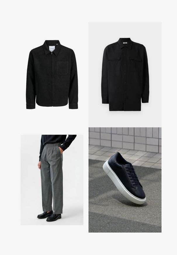 Zwarte zip-up jas met kraag en enkele borstzak, weergegeven op een witte achtergrond.; Zwarte button-up shirt gemaakt van gladde stof, met een klassieke kraag, twee voorzakken en lange mouwen met knopenmanchetten.; Grijze geplooide broek van geweven stof, met een hoge taille en zijzakken, gecombineerd met zwarte leren instappers.; Zwarte leren sneaker met een ronde neus en een witte rubberen zool. Voorzien van platte veters en minimale stiksels op het bovenwerk. Textuurrijke zool voor grip.