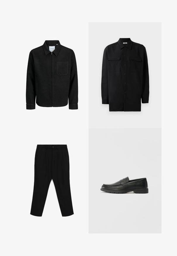 Giacca nera con zip, colletto e una tasca sul petto, mostrata su sfondo bianco.; Camicia nera con bottoni realizzata in tessuto morbido, dotata di colletto classico, due tasche frontali e maniche lunghe con polsini a bottone.; Pantaloni neri con vestibilità dritta, dotati di tasche laterali, chiusura con un solo bottone e in un tessuto leggero e liscio.; Mocassini neri in pelle con una finitura liscia, parte superiore in stile mocassino, dettagli cuciti e suola in gomma. Design classico con tacco basso.