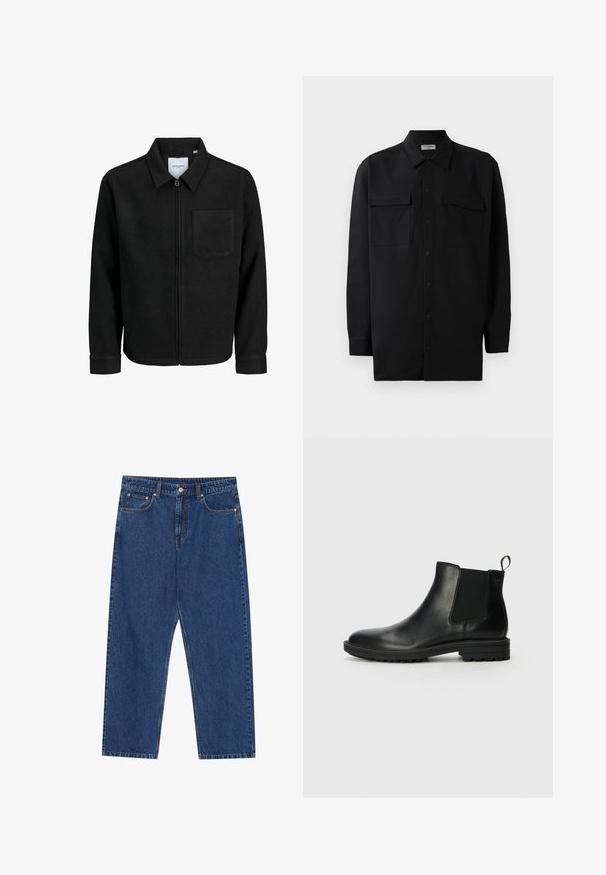 Fekete, zipzáros dzseki gallérral és egyetlen mellzsebbel, fehér háttéren.; Fekete gombos ing, sima anyagból készült, klasszikus gallérral, két elülső zsebbel és hosszú ujjakkal, amelyek gombos mandzsettával záródnak.; Sötétkék farmernadrág, egyenes szabással, elülső zsebekkel és gombos zipzárral, kontrasztos varrásokkal.; Jack & Jones JFWHOSKINS - Klasszikus bokacsizmák - anthracite
