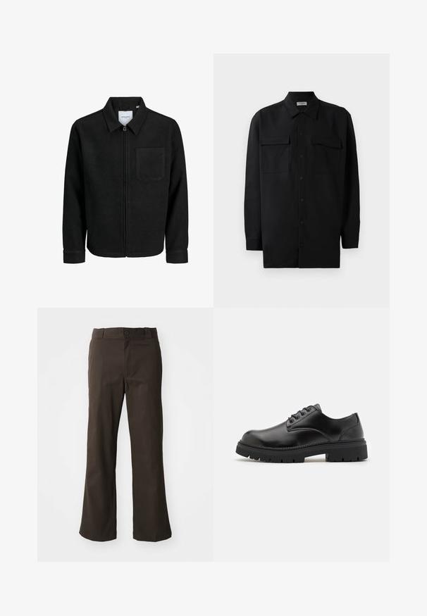 Melna jaka ar rāvējslēdzēju un apkakli, vienu krūšu kabatu, parādīta uz baltas fona.; Melnā pogu krekla, kas izgatavota no gludas auduma, ar klasisku apkakli, divām priekšējām kabatām un garām piedurknēm ar pogu aprocēm.; Brūni, izplēsti bikses ar gludu tekstūru, ar priekšējo pogu aizdari un sānu kabatām. Vienkāršs un taisns dizains.; Melnas ādas kurpes ar noapaļotu purngalu, mezglu dizainu un biezu, strukturētu gumijas zoli. Satur šuvju detaļas gar malu un gludu apdari.