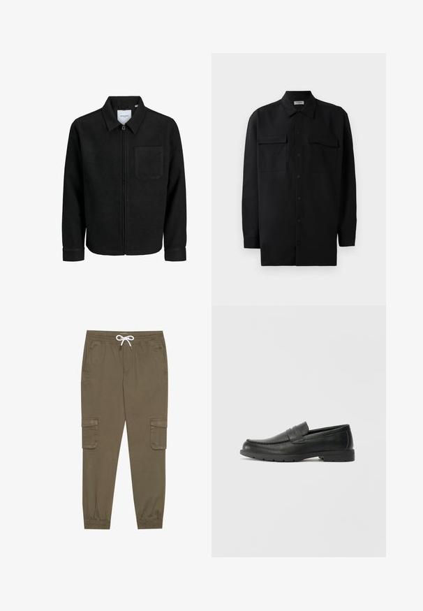 Melna jaka ar rāvējslēdzēju un apkakli, vienu krūšu kabatu, parādīta uz baltas fona.; Melnā pogu krekla, kas izgatavota no gludas auduma, ar klasisku apkakli, divām priekšējām kabatām un garām piedurknēm ar pogu aprocēm.; Kaki kravas bikses ar elastīgu jostu un auklu, ar sānu kabatām un piegrieztiem potīšu galiem. Izgatavotas no teksturēta, viegla materiāla.; Melnas ādas loafers ar gludu apdari, mokasīnu stila augšdaļu, šūtu detalizāciju un gumijas zoli. Klasisks dizains ar zemu papēdi.