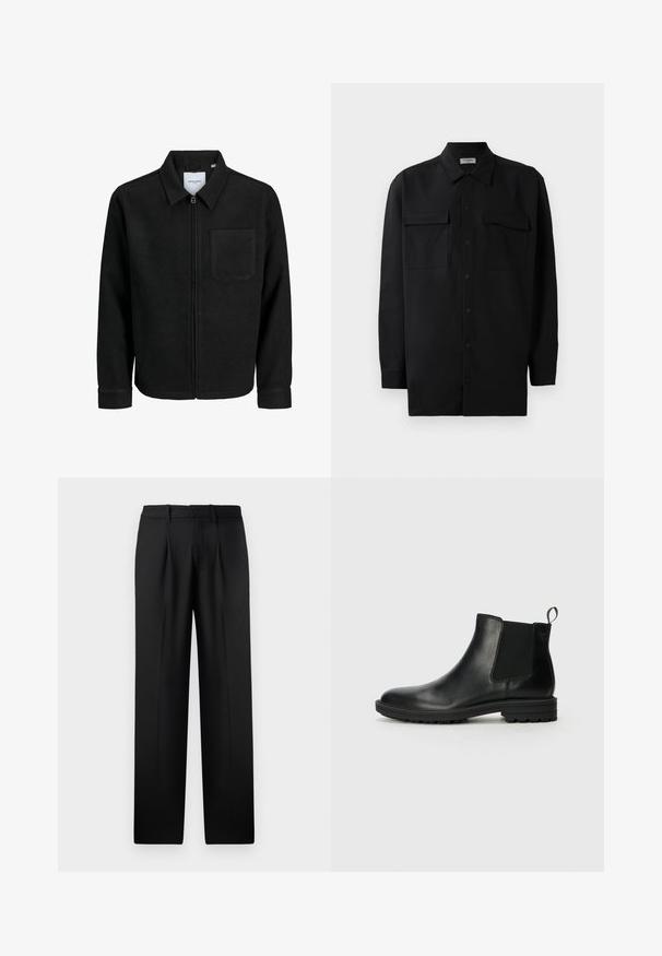 Crna jakna na zip s ovratnikom i jednim džepom na prsima, prikazana na bijeloj pozadini.; Crna košulja s dugim rukavima od glatkog materijala, s klasičnom kragnom, dva prednja džepa i dugmadima na manžetama.; Crne, hlače s visokim strukom ravnog kroja, s prednjim nabora i petljama za remen, izrađene od glatkog materijala.; Jack & Jones JFWHOSKINS - Klasične gležnjače - anthracite