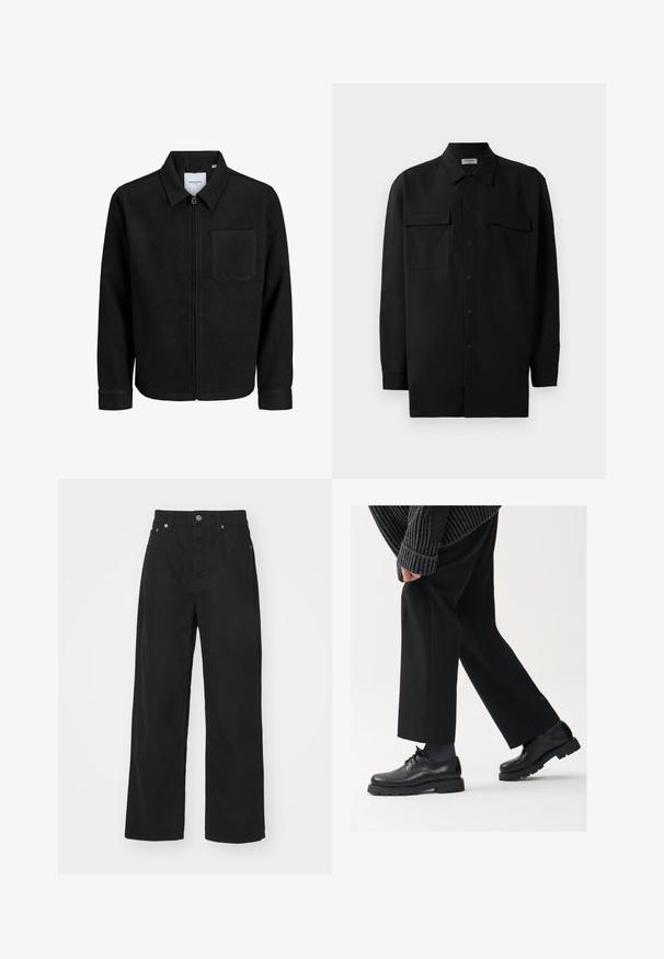 Veste zippée noire avec col et poche poitrine unique, présentée sur fond blanc.; Chemise noire à manches longues en tissu lisse, dotée d'un col classique, de deux poches devant et de poignets à boutons.; Pantalons en denim noir avec une coupe droite, dotés de cinq poches, d'une fermeture à bouton et d'une taille classique. Texture lisse.; Chaussures en cuir noir à bout arrondi, à lacets, avec une semelle épaisse et texturée. Portées avec un pantalon noir ajusté et un pull à côtes.