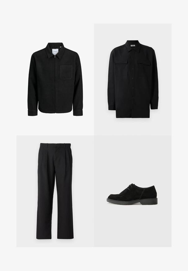 Jachetă neagră cu fermoar, cu guler și un singur buzunar pe piept, expusă pe fundal alb.; Cămașă neagră cu nasturi, confecționată dintr-un material neted, având un guler clasic, două buzunare frontale și mâneci lungi cu manșete cu nasturi.; Jack & Jones JPSTBILL JJDAYTONA WIDE - Pantaloni - black; Pantofii negri din suede, cu vârful rotunjit, cusături contrastante și talpă din cauciuc. Prezintă un sistem de șireturi minim și un design suprem neted.