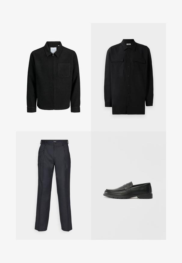 Črna jakna z zadrgo in ovratnikom ter enim žepom na prsih, prikazana na beli podlagi.; Črn srajčni zgornji del iz gladkega materiala, s klasičnim ovratnikom, dvema sprednjima žepoma in dolgimi rokavi z gumbi na manšetah.; Temno modri krojeni hlače z naborki, izdelane iz gladkega blaga. Imajo zapiranje z gumbom in zanke za pas. Čista, ravna kroja.; Črne usnjene loafer čevlje z gladko površino, zgornjim delom v slogu mokasin, šivanimi detajli in gumijastim podplatom. Klasična zasnova z nizko peto.