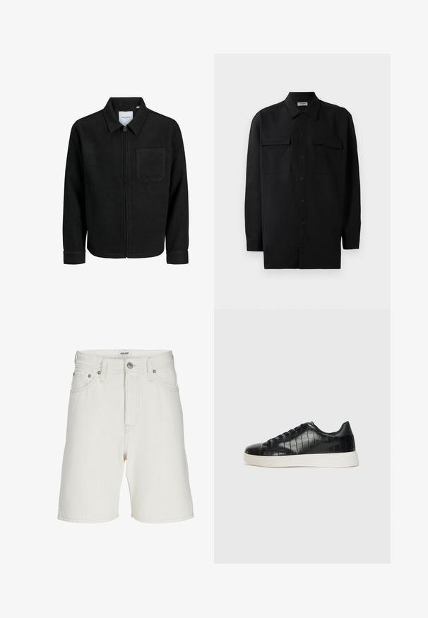Veste zippée noire avec col et poche poitrine unique, présentée sur fond blanc.; Chemise noire à manches longues en tissu lisse, dotée d'un col classique, de deux poches devant et de poignets à boutons.; Shorts en denim blanc à coupe droite, avec fermeture éclair, cinq poches et quincaillerie en métal pour la fermeture et les accents.; Baskets noires avec un dessus en cuir gaufré effet crocodile, bout rond et semelle en caoutchouc blanc contrastant avec une finition lisse.