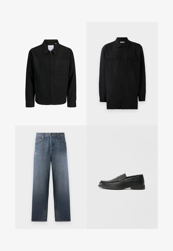 Čierna zipsová bunda s golierom a jednou náprsníkou, vystavená na bielom pozadí.; Čierna košeľa na gombíky vyrobená z hladkej tkaniny, so klasickým golierom, dvoma prednými vreckami a dlhými rukávmi s gombíkovými manžetami.; Džínsy v stredne modrej farbe so strižným strihom, obsahujúce päť vreciek, zapínanie na gombík a zips a jemné efekty vyblednutia.; Čierne kožené mokasíny s hladkým povrchom, vrchnou časťou v štýle mokasín, prešitým detailom a gumovou podrážkou. Klasický dizajn s nízkym podpätkom.