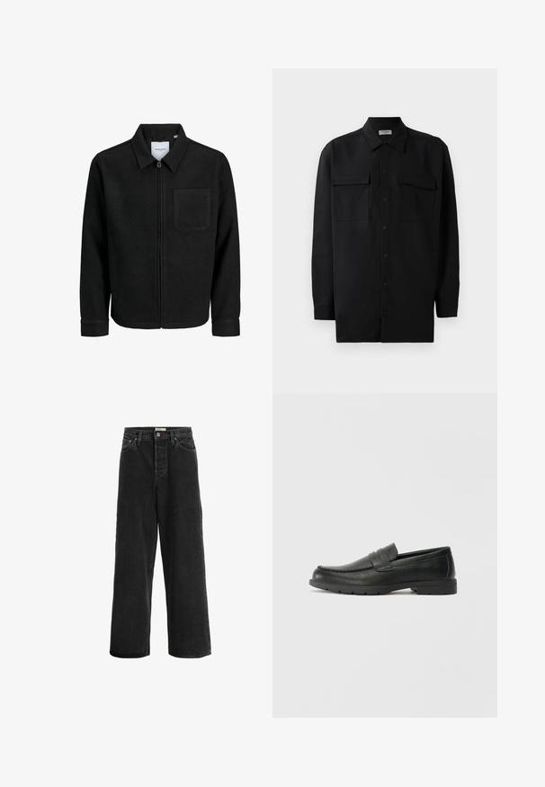 Melna jaka ar rāvējslēdzēju un apkakli, vienu krūšu kabatu, parādīta uz baltas fona.; Melnā pogu krekla, kas izgatavota no gludas auduma, ar klasisku apkakli, divām priekšējām kabatām un garām piedurknēm ar pogu aprocēm.; Melnas platās kājas džinsi, izgatavoti no denima auduma. Iezīmes augsta jostas vieta, divi priekšējie kabatas, pogu aizdare un smalkas šuvju detaļas.; Melnas ādas loafers ar gludu apdari, mokasīnu stila augšdaļu, šūtu detalizāciju un gumijas zoli. Klasisks dizains ar zemu papēdi.