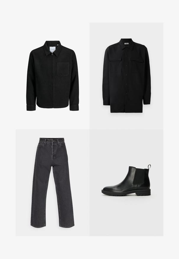 Black zip-up jacket with collar and single chest pocket, displayed on white background.; Black button-up shirt made of smooth fabric, featuring a classic collar, two front pockets, and long sleeves with button cuffs.; High-waisted, straight-leg jeans in dark gray denim, featuring a classic five-pocket design and contrasting stitching on the seams.; Jack & Jones JFWHOSKINS - Classic ankle boots - anthracite