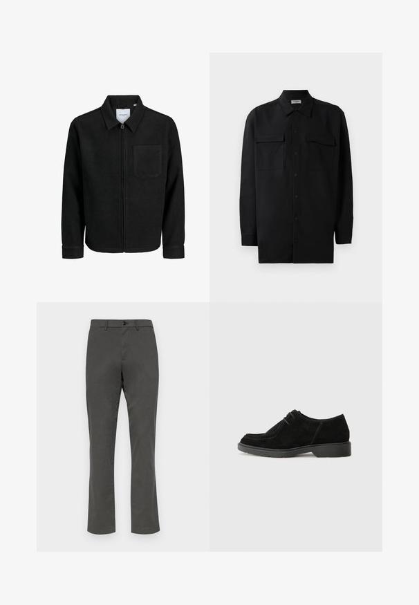 Musta vetoketjullinen takki, jossa on kaulus ja yksi rintatasku, esitelty valkoista taustaa vasten.; Musta napillinen paita, joka on valmistettu sileästä kankaasta. Paita sisältää klassisen kaulan, kaksi etutaskua ja pitkät hihat, joissa on nappivarat.; GAP SLIM PERFORMANCE STRETCH - Chinot - soft black; Musta mokkanahkakengät pyöreällä varvalla, kontrastivärillä ommeltuna ja kumipohjalla. Ominaisuuksiin kuuluu vähäinen nauhoitus ja sileä yläosa.