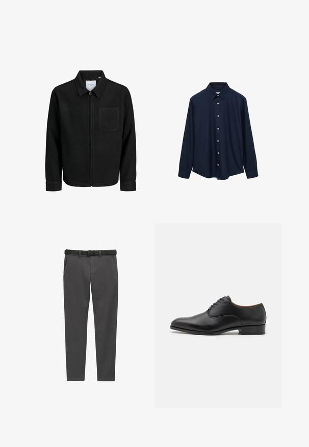 Musta vetoketjullinen takki, jossa on kaulus ja yksi rintatasku, esitelty valkoista taustaa vasten.; Tummansininen pitkähiha paita, jossa on terävä kaulus, etunapit ja suora helma. Valmistettu sileästä, teksturoidusta kankaasta.; Harmaat housut, jotka on valmistettu kudotusta kankaasta, suoran leikkauksen omaavat, sivutaskut ja musta nahkavyö hopeanvärisellä soljella.; Musta nahkakengät, joissa on sileä pinta, kärki on terävä, ja niissä on kuusi rei'itettyä nauhakuviota, alhainen korko ja hienovaraiset ompeluakorit.