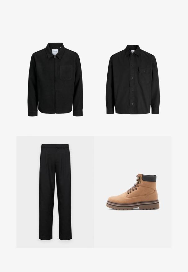 Veste zippée noire avec col et poche poitrine unique, présentée sur fond blanc.; Chemise noire à manches longues, avec boutons, col et poche poitrine simple dotée d'un rabat à bouton.; Pantalons noirs en tissu lisse, avec une coupe droite, deux plis avant et une taille standard avec passants de ceinture.; Botte de randonnée en cuir tan avec col rembourré noir, œillets en métal, lacets bruns et semelle épaisse à crampons bruns sur fond blanc.