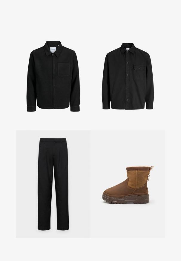 Czarna kurtka z zamkiem na całej długości, z kołnierzem i jedną kieszenią na piersi, umieszczona na białym tle.; Czarna, długosleeve'owa koszula zapinana na guziki z kołnierzykiem i jedną kieszenią na piersi z klapką zapinaną na guzik.; Czarne spodnie wykonane z gładkiego materiału, z prostą nogawką, dwoma fałdami z przodu oraz standardowym paskiem z wypustkami na pasek.; Brązowe zamszowe botki za kostkę z puszystym futrzanym wykończeniem, solidną gumową podeszwą i dekoracyjnymi bocznymi pętelkami ułatwiającymi zakładanie. Teksturowane wykończenie cholewki.