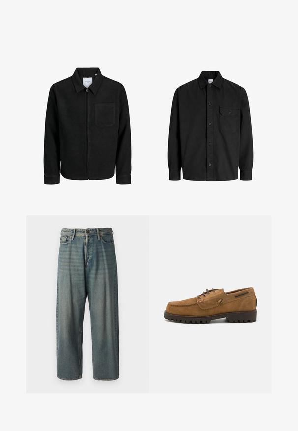 Črna jakna z zadrgo in ovratnikom ter enim žepom na prsih, prikazana na beli podlagi.; Črna dolga srajca s poudarjeno zapenjanjem in ovratnikom, ki ima en sam žep na prsih s pokrovčkom na gumb.; Svetlomoderne kavbojke z ohlapnim krojem, srednjim pasom in ravnimi nogami. Imajo pet žepov, zanke za pas in zapiranje na gumb.; Rjavi semiš čevlji z zaobljenim nosom, kontrastnimi šivi in teksturiranimi gumijastimi podplati z globokimi utori za oprijem.