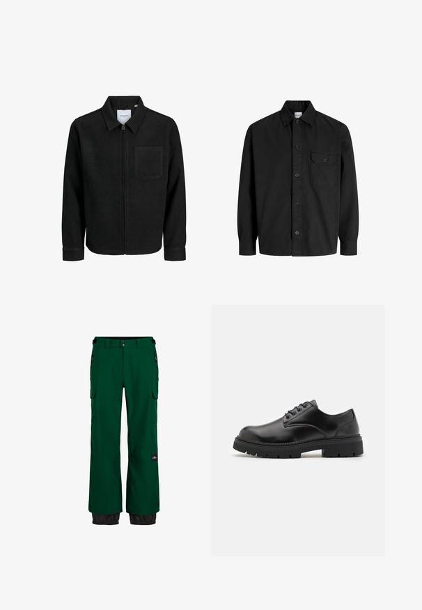 Black zip-up jacket with collar and single chest pocket, displayed on white background.; Black long-sleeve button-up shirt with collar and single chest pocket featuring a buttoned flap.; Green waterproof snow pants with a cargo pocket, elastic cuffs, and contrasting black lower hem. Features zippers and durable fabric.; Black leather shoes with a rounded toe, lace-up design, and a thick, textured rubber sole. Features stitching along the edge and a smooth finish.