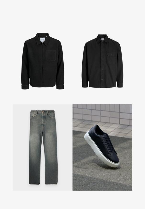 Melna jaka ar rāvējslēdzēju un apkakli, vienu krūšu kabatu, parādīta uz baltas fona.; Melna garām piedurknēm pogājama kreklā ar apkakli un vienu krūšu kabatu ar pogājamā vāka dizainu.; Jack & Jones JJIALEX JJCOOPER - Plati džinsi - black denim; Melnas ādas kedas ar noapaļotu pirkstu un baltu gumijas zoli. Iespējas - plakanas šņorītes un minimāla apdare augšdaļā. Struktūrēta zole, lai nodrošinātu saķeri.