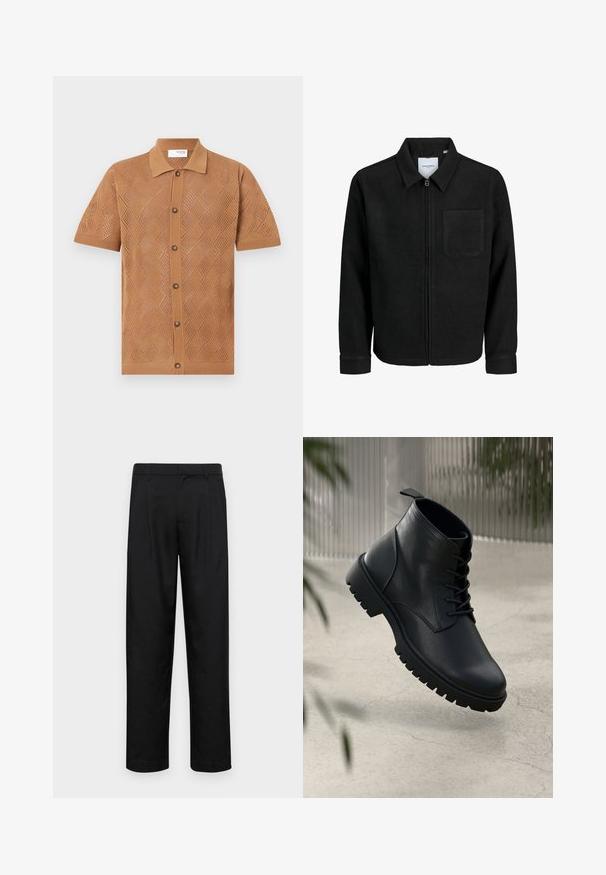 Musta vetoketjullinen takki, jossa on kaulus ja yksi rintatasku, esitelty valkoista taustaa vasten.; Vaaleanruskea lyhythihainen paita neulekankaasta, jossa on timanttikuviot. Paidassa on kaulus ja napitus edessä ruskeilla napeilla.; Mustat housut, jotka on valmistettu sileästä kankaasta, suoran lahkeen muotoilulla, kahdella etupleekillä ja tavanomaisella vyötäröllä, jossa on vyölenkit.; Mustat nahka nilkkurit, joissa on pyöreä kärki, nauhakiinnitys ja kova kumipohja. Sujuva pinta, jossa on vetoketju takana.