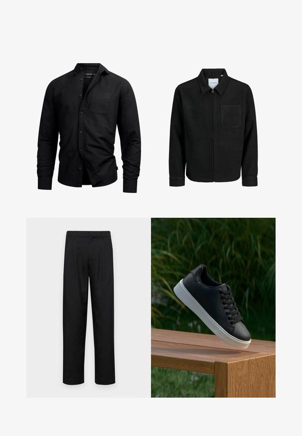 Crna jakna na zip s ovratnikom i jednim džepom na prsima, prikazana na bijeloj pozadini.; Crna košulja s dugim rukavima od pamuka, s džepom na prsima, šiljastim ovratnikom i ravnim rubom. Glatka tekstura bez uzoraka.; Crne hlače od glatkog materijala, s dizajnom ravnih nogavica, dva prednja nabora i standardnim pojasom s petljama za remen.; Crne kožne tenisice s glatkom teksturom, bijelim gumeni potplat i šest rupica za vezice, izložene na drvenoj površini.
