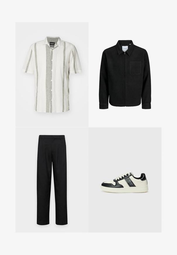 Giacca nera con zip, colletto e una tasca sul petto, mostrata su sfondo bianco.; Camicia a maniche corte con bottoni di colore bianco con strisce verticali grigio chiaro. Realizzata in lino, presenta un colletto classico e cinque bottoni sulla parte anteriore.; Pantaloni neri realizzati in tessuto liscio, caratterizzati da un taglio dritto, due pieghe frontali e una vita standard con passanti per la cintura.; Sneakers in pelle con una combinazione di colori nero e crema, dotati di dettagli perforati, collare imbottito e suola testurizzata.