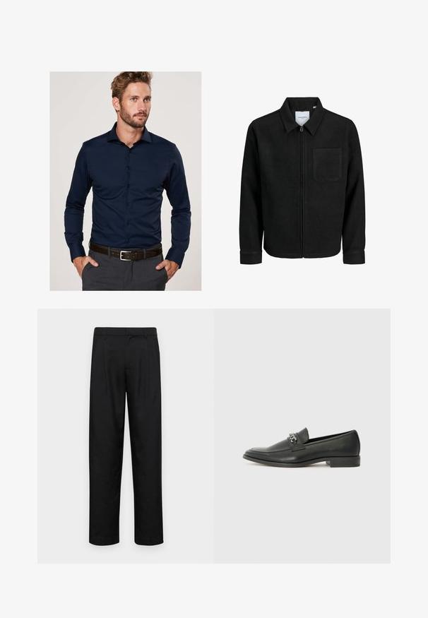 Zwarte zip-up jas met kraag en enkele borstzak, weergegeven op een witte achtergrond.; Marineblauwe overhem met knopen, met een spread collar, lange mouwen en een gladde textuur. Gecombineerd met een bruine riem en grijze broek.; Zwarte broeken van gladde stof, met een recht model, twee voorknikken en een standaard tailleband met riemlussen.; Zwarte leren instapper met een gladde afwerking, voorzien van een gestikt ontwerp en een decoratieve metalen kettingaccent over de wreef. Platte hak.