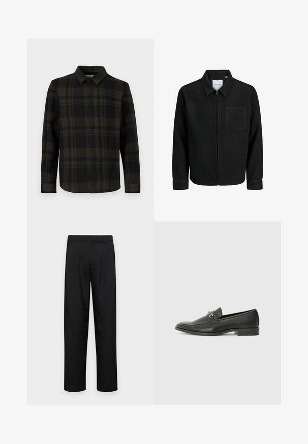 Black zip-up jacket with collar and single chest pocket, displayed on white background.; Black and dark green plaid shirt made of fabric, featuring a button-down front, long sleeves, and a classic collar design.; Black trousers made of smooth fabric, featuring a straight-leg design, two front pleats, and standard waistband with belt loops.; Black leather loafer with a smooth finish, featuring a stitched design and a decorative metal chain accent across the vamp. Flat heel.