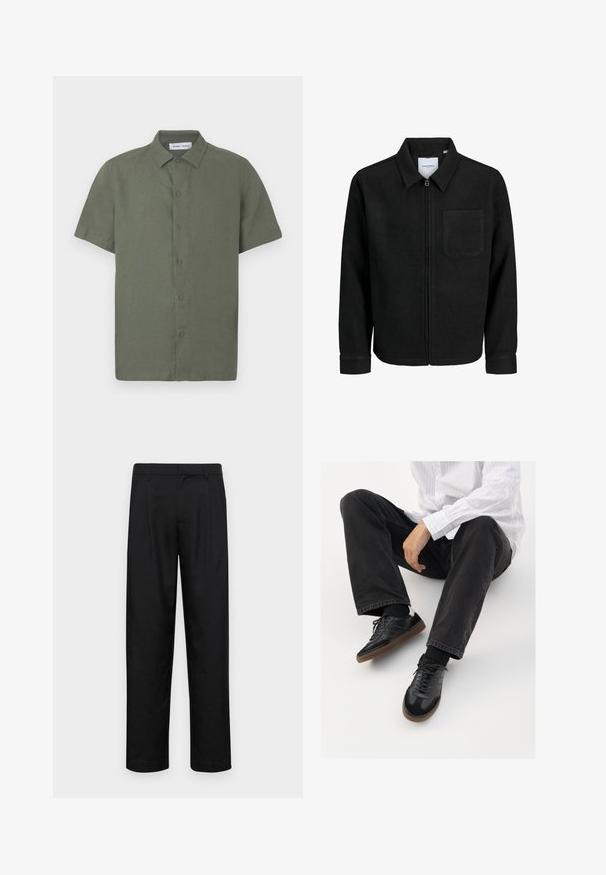 Mustaga lukuga jakker, millel on krae ja üks rinna-tasku, esitatud valgel taustal.; Lühikeste varrukatega oliivroheline särk, mis on valmistatud tekstuurse kangaga, esiküljel nööpidega ja klassikalise kraega.; Mustad mustadest riietest, millel on sirge jalgade disain, kaks eesmist voltimist ja tavaline vöökoht, millel on vöökohad.; Mustad spordijalatsid siledast ja tekstuurilisest ülemisest osast, millel on kummist tald ja tumedad nöörid. Kombineeritud mustade teksade ja valge triibulise särgiga.