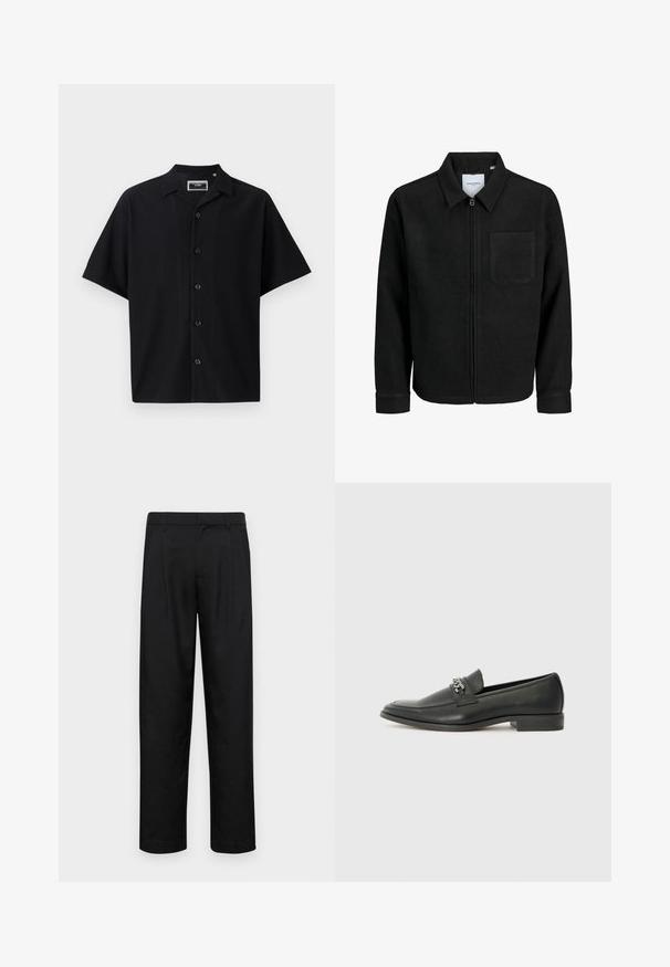Fekete, zipzáros dzseki gallérral és egyetlen mellzsebbel, fehér háttéren.; Fekete, rövid ujjú, gombos ing, texturált bordás mintával, fenn található gallérral és öt gombbal az elején, sima anyagból készült.; Fekete nadrág sima anyagból, egyenes szárú fazonnal, két elülső redővel és közönséges derékkal, övhurkokkal.; Fekete bőr loaferek sima felülettel, varrott mintával és díszítő fém lánccal a cipő elején. Lapos sarok.