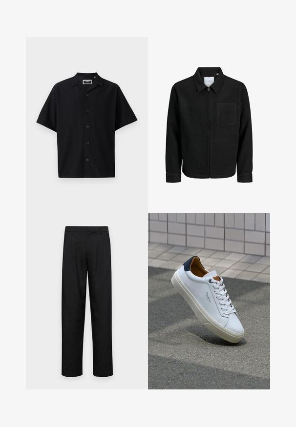 Czarna kurtka z zamkiem na całej długości, z kołnierzem i jedną kieszenią na piersi, umieszczona na białym tle.; Czarna, krótki rękaw, zapinana na guziki koszula z teksturowanym, prążkowanym wzorem, z kołnierzykiem i pięcioma guzikami z przodu, wykonana z gładkiego materiału.; Czarne spodnie wykonane z gładkiego materiału, z prostą nogawką, dwoma fałdami z przodu oraz standardowym paskiem z wypustkami na pasek.; Białe skórzane trampki z granatowym piętkiem, okrągłym noskiem i kontrastowymi brązowymi akcentami. Posiadają płaskie sznurówki i teksturowaną gumową podeszwę.