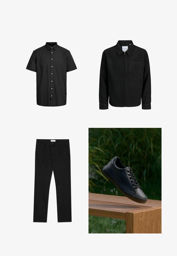 Giacca nera con zip, colletto e una tasca sul petto, mostrata su sfondo bianco.; Camicetta nera a maniche corte realizzata in tessuto morbido, con colletto a camicia, bottoni frontali con accenti di colore chiaro e orlo dritto.; Jeans neri a gamba dritta con design a cinque tasche, chiusura con bottone e zip, e etichetta del marchio Pier One sulla cintura.; Sneaker in pelle nera con texture liscia, punta rotonda e lacci piatti, posizionato sopra una superficie di legno con erba verde sullo sfondo.