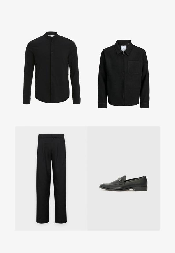 Chaqueta negra con cremallera y cuello, con un solo bolsillo en el pecho, expuesta sobre un fondo blanco.; Camisa negra de manga larga con cuello de banda, cierre frontal de botones y textura suave. Dobladillo recto y diseño ajustado.; Pantalones negros de tela suave, con un diseño de pierna recta, dos pliegues frontales y una cintura estándar con trabillas para el cinturón.; Mocasín de cuero negro con un acabado suave, que cuenta con un diseño de costura y un acento decorativo de cadena de metal en el empeine. Tacón plano.