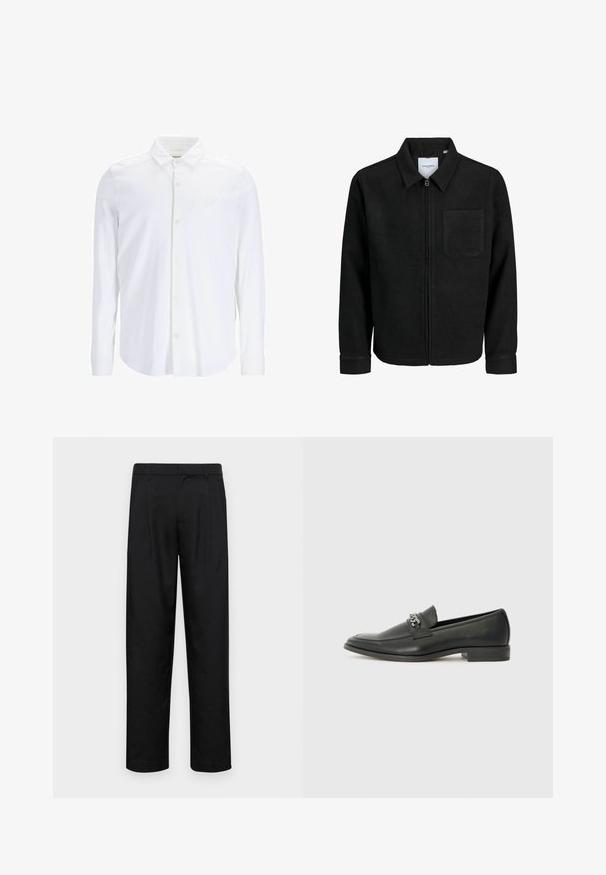 Czarna kurtka z zamkiem na całej długości, z kołnierzem i jedną kieszenią na piersi, umieszczona na białym tle.; Biała koszula z długim rękawem, zapinana na guziki, wykonana z gładkiego materiału, z klasycznym kołnierzykiem, z przodem z klapą oraz subtelnym akcentem logo na piersi.; Czarne spodnie wykonane z gładkiego materiału, z prostą nogawką, dwoma fałdami z przodu oraz standardowym paskiem z wypustkami na pasek.; Czarne skórzane mokasyny o gładkim wykończeniu, z haftowanym wzorem i dekoracyjnym akcentem z metalowego łańcucha na wierzchu. Płaska pięta.
