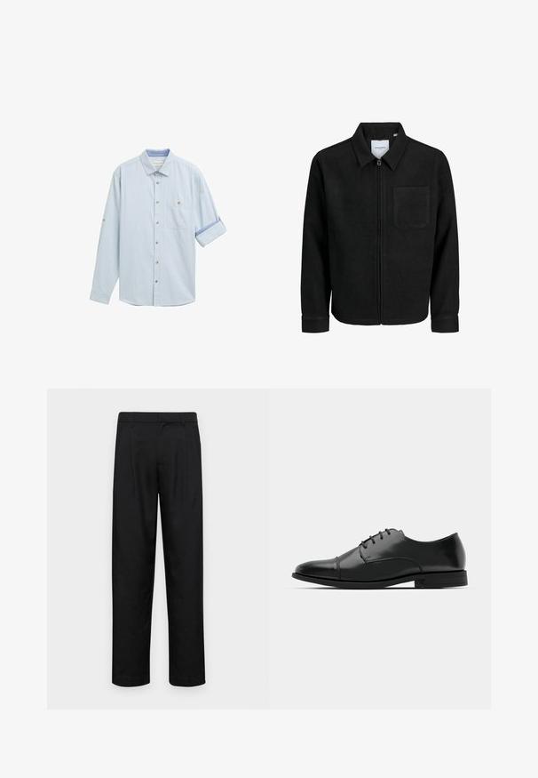 Fekete, zipzáros dzseki gallérral és egyetlen mellzsebbel, fehér háttéren.; Világoskék ing, hosszú ujjal, feltekert mandzsettákkal, egyetlen mellzsebbel és barna gombokkal. Puha szövetmintázat.; Fekete nadrág sima anyagból, egyenes szárú fazonnal, két elülső redővel és közönséges derékkal, övhurkokkal.; Fekete bőr férfi dresszcipő, lekerekített orral, fűzős kialakítással, diszkrét varrási részletekkel és alacsony sarokkal. Simább felület, fényes kivitel.