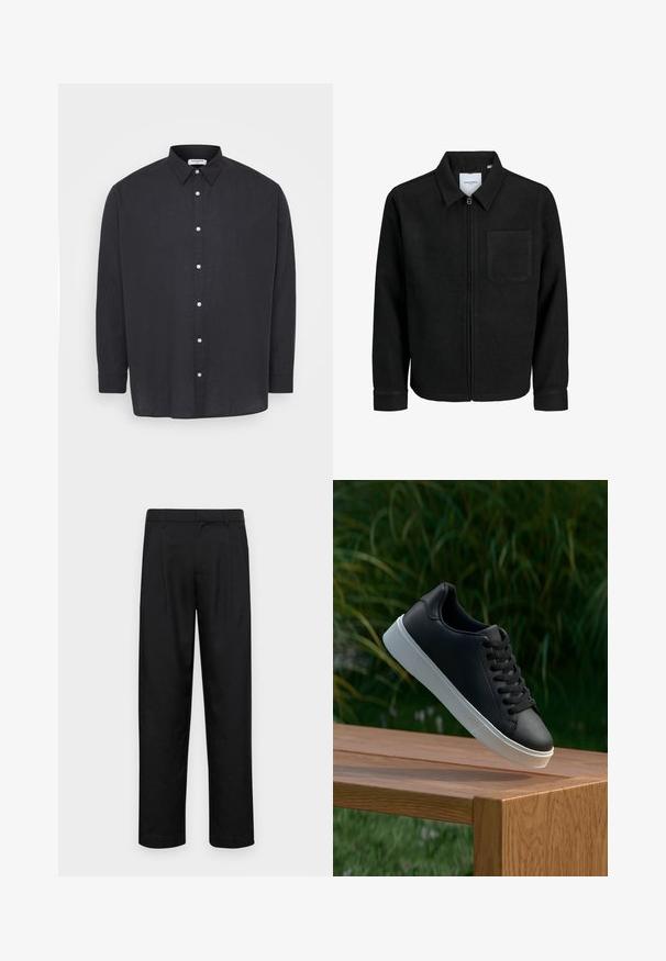 Juodas džemperis su užtrauktuku, apykakle ir vienu krūtiniu kišenėje, pristatytas baltame fone.; Juodas ilgas rankovėmis mygtukais marškiniai pagaminti iš lino su standartiniu apykakle, turintys baltus mygtukus priekyje ir laisvą siluetą.; Juodi kelnių modeliai, pagaminti iš lygios medžiagos, turi tiesią kojas, du priekiniai klostės ir standartinę juosmenį su diržo kilpomis.; Juodas odinis sportbačių modelis su lygiu paviršiumi, baltu guminio pado ir šešiomis skylutėmis raišteliams, eksponuojamas ant medinės paviršiaus.